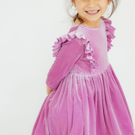 Carnation Pink Velvet Ruffle Twirl Dress