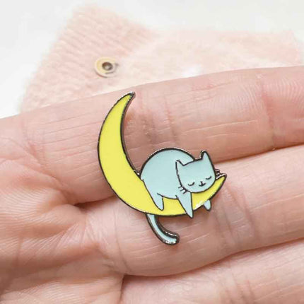 Sleepy Cat on Moon Enamel Pin – Cute Gift for Cat Lovers