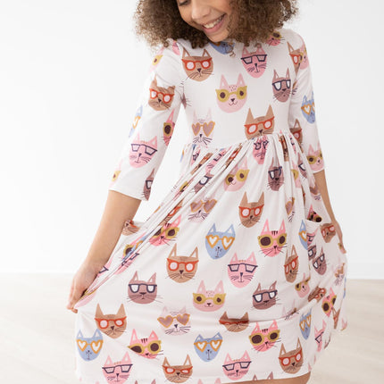 Cattitude 3/4 Sleeve Pocket Twirl Dress