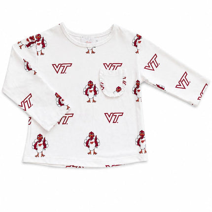 Virginia Tech White Hokie L/S Ruffle Pocket Tee