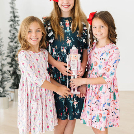 Christmas Ballet 3/4 Sleeve Ruffle Twirl Dress