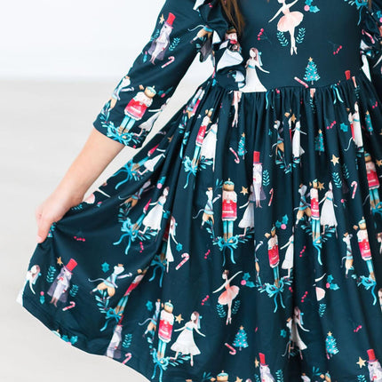 Christmas Ballet 3/4 Sleeve Ruffle Twirl Dress