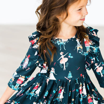 Christmas Ballet 3/4 Sleeve Ruffle Twirl Dress