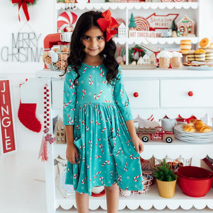 Christmas Candy 3/4 Sleeve Pocket Twirl Dress