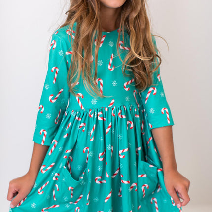 Christmas Candy 3/4 Sleeve Pocket Twirl Dress