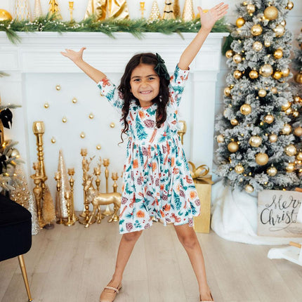 Classic Christmas 3/4 Sleeve Ruffle Twirl Dress