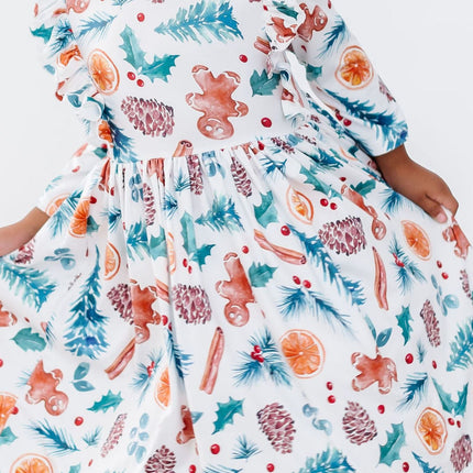 Classic Christmas 3/4 Sleeve Ruffle Twirl Dress
