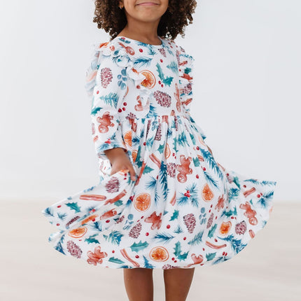 Classic Christmas 3/4 Sleeve Ruffle Twirl Dress