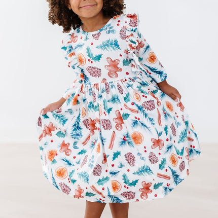 Classic Christmas 3/4 Sleeve Ruffle Twirl Dress