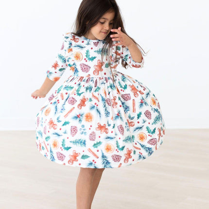 Classic Christmas 3/4 Sleeve Ruffle Twirl Dress