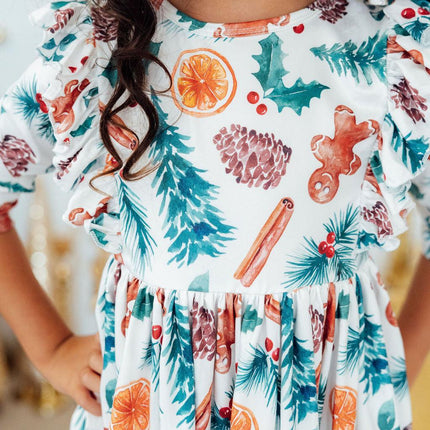 Classic Christmas 3/4 Sleeve Ruffle Twirl Dress