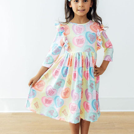 Conversation Hearts 3/4 Sleeve Ruffle Twirl Dress