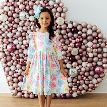 Conversation Hearts 3/4 Sleeve Ruffle Twirl Dress