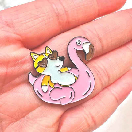 Corgi Flamingo Floatie Pin – Summer Enamel Gift for Dog Lovers