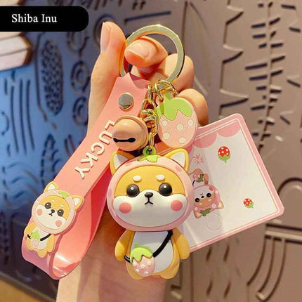 Shiba Inu Strawberry Keyring, Zinc Alloy Fastener, Sweet Feminine Bag Charm, Everyday Kawaii Fashion Accessory Gift