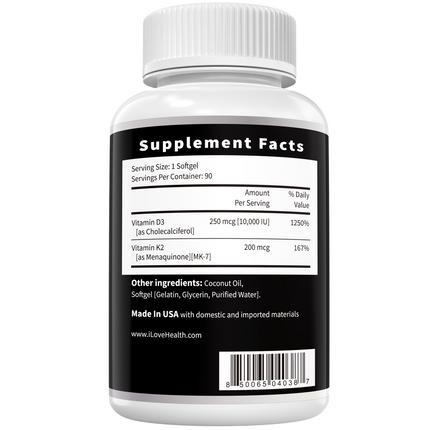 Vitamin D3 10000 IU with K2 (MK-7) Supplement – 90 Softgels – Non-GMO, Gluten-Free – Supports Bone, Heart & Immune Health – Enhanced Absorption – Made in USA