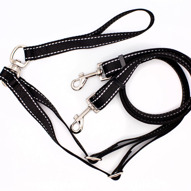 Outdoor Style Black Reflective Adjustable Double Leash