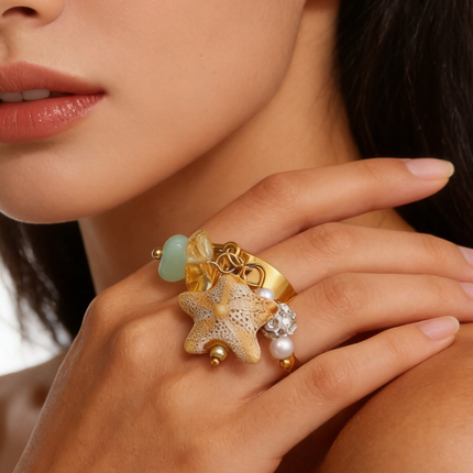 Bohemian Starfish & Shell Pendant Ring