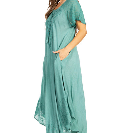 Sakkas Egan Women's Long Embroidered Caftan Dress / Cover Up With Embroidered Cap Sleeves