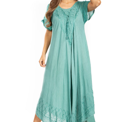 Sakkas Egan Women's Long Embroidered Caftan Dress / Cover Up With Embroidered Cap Sleeves