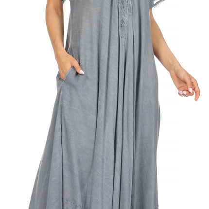 Sakkas Egan Women's Long Embroidered Caftan Dress / Cover Up With Embroidered Cap Sleeves