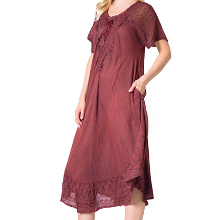 Sakkas Egan Women's Long Embroidered Caftan Dress / Cover Up With Embroidered Cap Sleeves