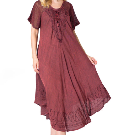 Sakkas Egan Women's Long Embroidered Caftan Dress / Cover Up With Embroidered Cap Sleeves