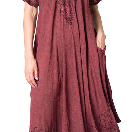Sakkas Egan Women's Long Embroidered Caftan Dress / Cover Up With Embroidered Cap Sleeves