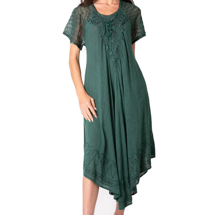 Sakkas Egan Women's Long Embroidered Caftan Dress / Cover Up With Embroidered Cap Sleeves