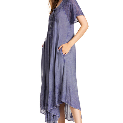Sakkas Egan Women's Long Embroidered Caftan Dress / Cover Up With Embroidered Cap Sleeves