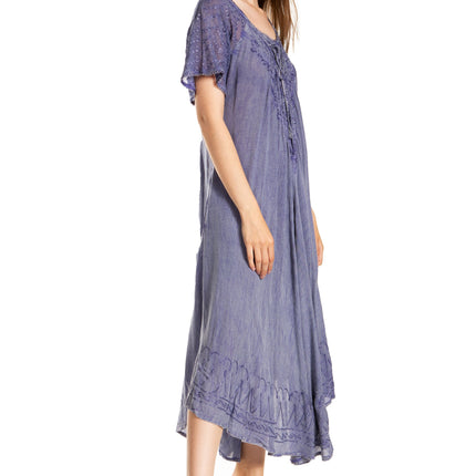 Sakkas Egan Women's Long Embroidered Caftan Dress / Cover Up With Embroidered Cap Sleeves
