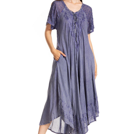 Sakkas Egan Women's Long Embroidered Caftan Dress / Cover Up With Embroidered Cap Sleeves
