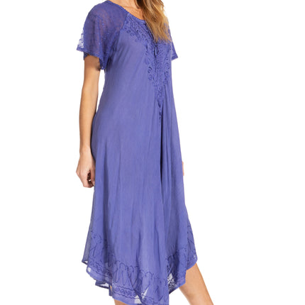 Sakkas Egan Women's Long Embroidered Caftan Dress / Cover Up With Embroidered Cap Sleeves