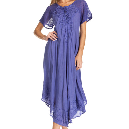 Sakkas Egan Women's Long Embroidered Caftan Dress / Cover Up With Embroidered Cap Sleeves