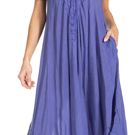 Sakkas Egan Women's Long Embroidered Caftan Dress / Cover Up With Embroidered Cap Sleeves