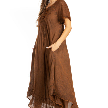 Sakkas Egan Women's Long Embroidered Caftan Dress / Cover Up With Embroidered Cap Sleeves
