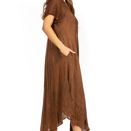 Sakkas Egan Women's Long Embroidered Caftan Dress / Cover Up With Embroidered Cap Sleeves