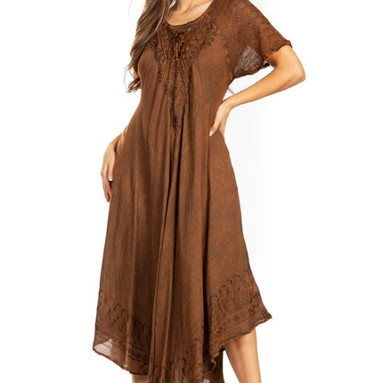 Sakkas Egan Women's Long Embroidered Caftan Dress / Cover Up With Embroidered Cap Sleeves