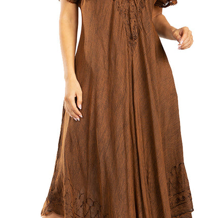 Sakkas Egan Women's Long Embroidered Caftan Dress / Cover Up With Embroidered Cap Sleeves