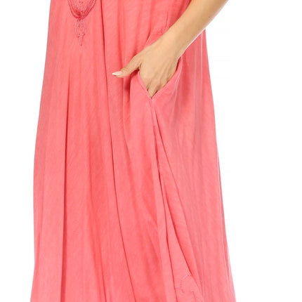 Sakkas Egan Women's Long Embroidered Caftan Dress / Cover Up With Embroidered Cap Sleeves