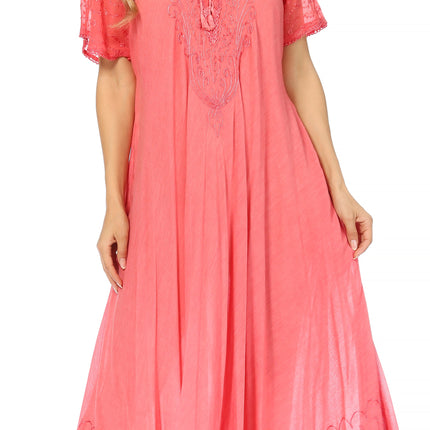 Sakkas Egan Women's Long Embroidered Caftan Dress / Cover Up With Embroidered Cap Sleeves