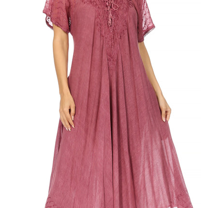 Sakkas Egan Women's Long Embroidered Caftan Dress / Cover Up With Embroidered Cap Sleeves
