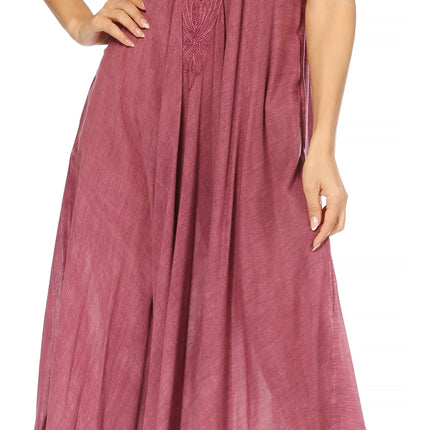 Sakkas Egan Women's Long Embroidered Caftan Dress / Cover Up With Embroidered Cap Sleeves