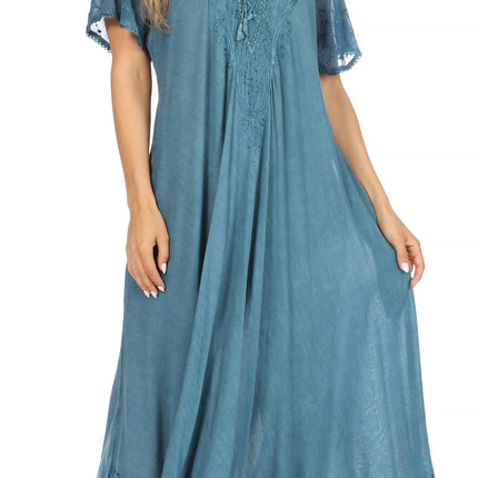 Sakkas Egan Women's Long Embroidered Caftan Dress / Cover Up With Embroidered Cap Sleeves