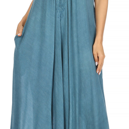 Sakkas Egan Women's Long Embroidered Caftan Dress / Cover Up With Embroidered Cap Sleeves