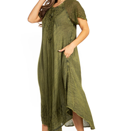 Sakkas Egan Women's Long Embroidered Caftan Dress / Cover Up With Embroidered Cap Sleeves