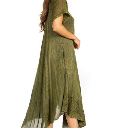 Sakkas Egan Women's Long Embroidered Caftan Dress / Cover Up With Embroidered Cap Sleeves