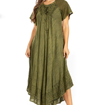 Sakkas Egan Women's Long Embroidered Caftan Dress / Cover Up With Embroidered Cap Sleeves