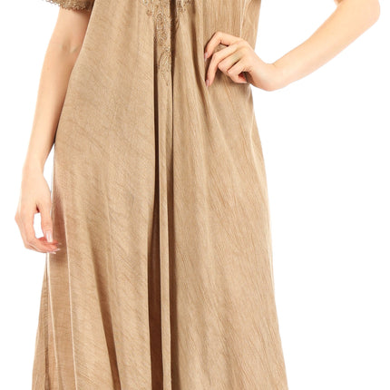 Sakkas Egan Women's Long Embroidered Caftan Dress / Cover Up With Embroidered Cap Sleeves