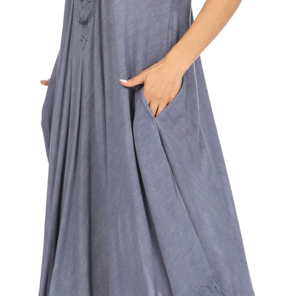 Sakkas Egan Women's Long Embroidered Caftan Dress / Cover Up With Embroidered Cap Sleeves